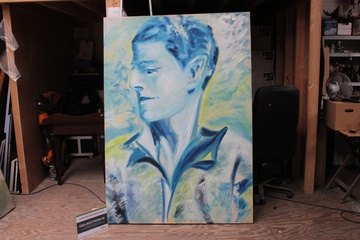Afbeelding van Abstracte portretschildering in blauw en geel