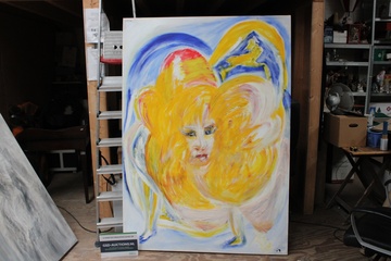 Afbeelding van Abstract schilderij vrouwelijk gezicht met gele en blauwe kleuren