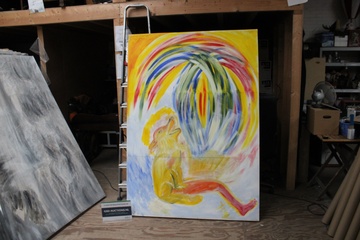 Afbeelding van Abstract beschilderd doek met figuur en palmboom