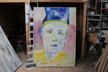Afbeelding van Groot modern schilderij met gezicht en blauwe hoed