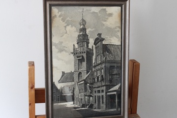 Afbeelding van Ingelijste zwart-wit stadsgezicht tekening