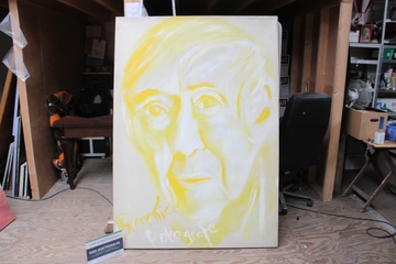 Afbeelding van Schilderij groot gezicht in gele en witte tinten