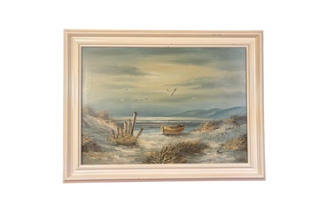 Afbeelding van Olieverfschilderij Strand met Boot Haagse school Polo