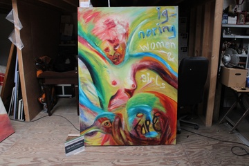 Afbeelding van Abstract schilderij met vrouwelijke figuur en kleurrijke accenten