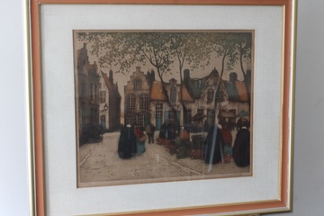 Afbeelding van Ingelijste prent van oud dorpsgezicht met markt