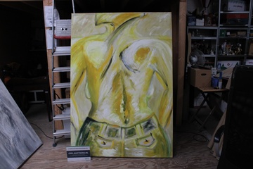 Afbeelding van Abstract schilderij van bovenlichaam man in gele tinten