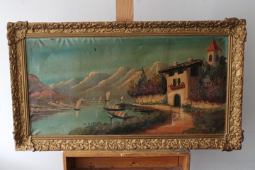 Afbeelding van Schilderij met landschap en boten in goudkleurige lijst