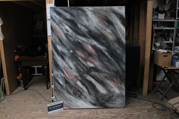 Afbeelding van Abstract schilderij zwart grijs met rood-witte accenten