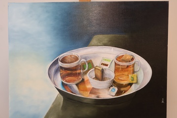 Afbeelding van Schilderij met theekopjes op dienblad