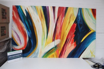 Image of Abstract tweeluik schilderij met kleurrijke verfstreken