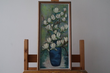 Afbeelding van Olieverfschilderij witte bloemen in blauwe vaas'