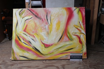 Afbeelding van Modern schilderij met abstracte gele en rode handen