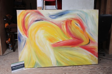 Afbeelding van Abstract schilderij in gele, rode en blauwe tinten
