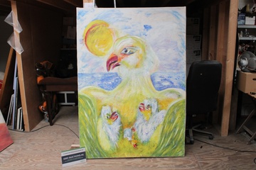 Image of Groot schilderij van vogel met jongen