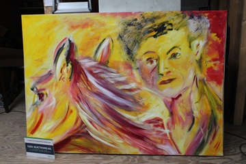 Afbeelding van Abstract schilderij met mens en paard