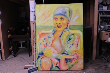 Afbeelding van Groot modern kleurenrijk schilderij van een zittende vrouw