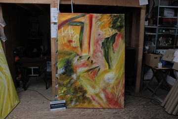 Afbeelding van Abstract schilderij met gezicht en kleurrijke patronen