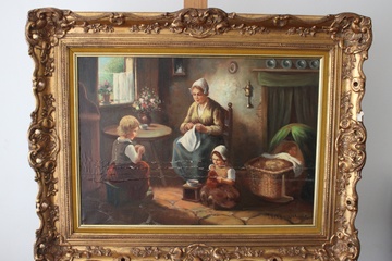 Afbeelding van Olieverf Schilderij - Boeren-interieur - J. verberghem
