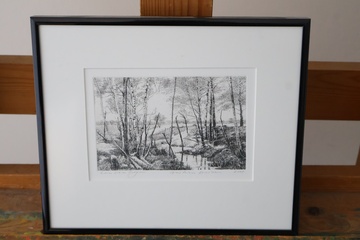 Afbeelding van Ingelijste zwart-wit ets landschap met bomen