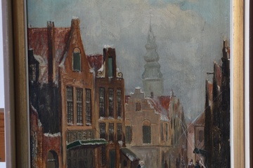 Afbeelding van Olieverfschilderij: Hollands stadslandschap in de winter.