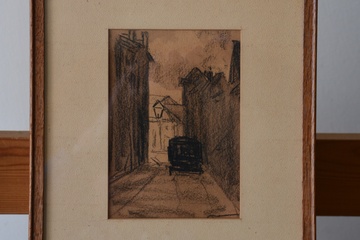 Afbeelding van Ingelijste tekening: Stadsstraat met tram'