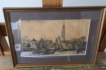 Afbeelding van Ingelijste Tekening van havenstad met schepen