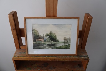 Afbeelding van Aquarel landschap met water en boerderij