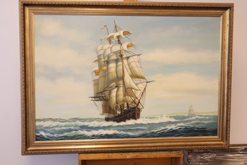Afbeelding van Fraai Schilderij van zeilschip in gouden lijst