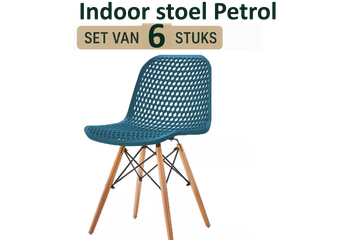 Afbeelding van set van 6 - replica indoor armstoel ELEGANT - PETROL BLAUW kunststof kuip met beukenhout - stalen poot