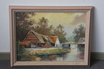Afbeelding van Olieverfschilderij van een boerderij en brug bij een water