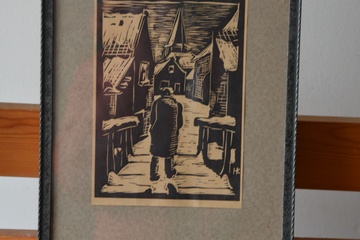Afbeelding van Hout- of Linosnede van Han Krug: 'Man in besneeuwde stad'.