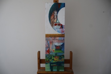 Afbeelding van Verticaal abstract schilderij met uil''