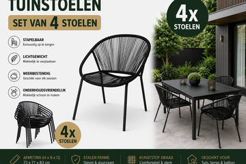 Afbeelding van Ambiance lounge tuinstoel draad zwart set van 4
