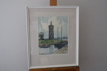 Afbeelding van Ingelijste aquarel van een haven met toren en boten