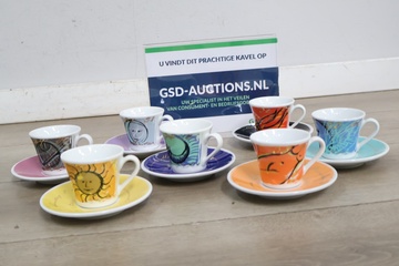 Afbeelding van Set van 7 kleurrijke espresso kopjes met schotels