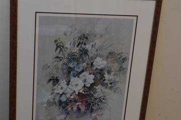 Afbeelding van Ingelijste aquarel van een boeket bloemen. Door Hugeamel