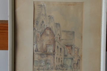 Afbeelding van Ingelijste aquarel van een Historisch Stadsgezicht.