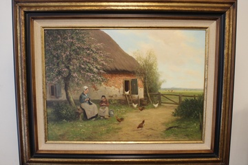 Afbeelding van Olieverfschilderij boerderijscène met vrouwen en kippen