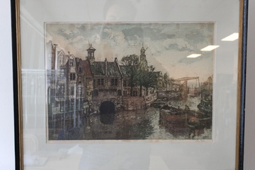 Afbeelding van Ingelijste ets van grachtenpand met boten