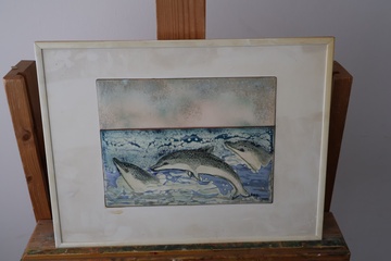 Afbeelding van Ingelijst keramisch kunstwerk met dolfijnen - Ans 1999