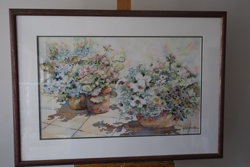 Afbeelding van Ingelijste aquarel van bloempotten'