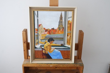 Afbeelding van Schilderij vrouw aan raam met stadsgezicht