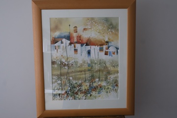Afbeelding van Ingelijste aquarel schilderij stad en bloemen'