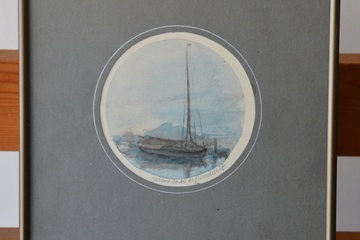 Afbeelding van Ingelijste ronde aquarel van G. Carbó: Loosdrecht, '80