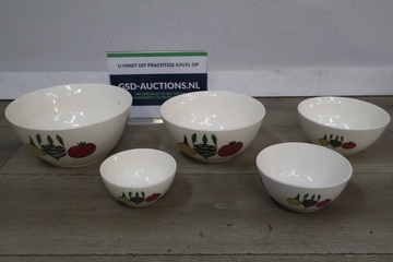 Afbeelding van Set van 5 decoratieve witte kommen met groenteprint