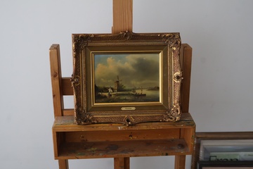 Afbeelding van Olieverfschilderij met molen en riviergezicht