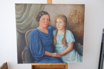 Afbeelding van Schilderij moeder en dochter met familiewapen