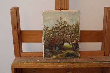 Afbeelding van Olieverfschilderij met landschap en personen''