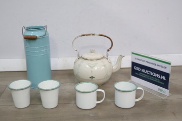 Afbeelding van Set emaille bekers, theepot en melkbus