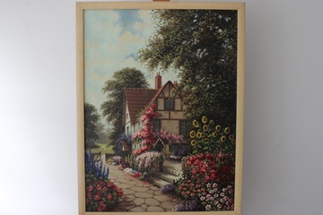 Afbeelding van Groot schilderij van huis met bloemen en tuin